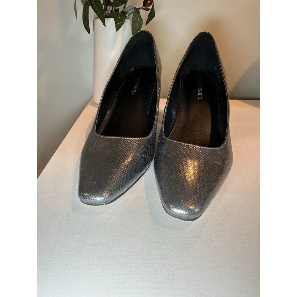Marc Fisher Keri Silver Metallic Snake Print Block Heel Pumps Shoes Womens 6.5